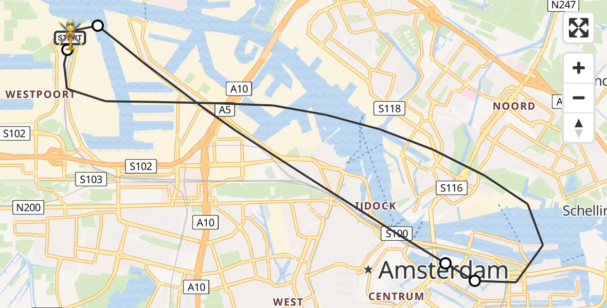 Vluchtroute Traumahelikopter van Amsterdam Heliport naar Amsterdam Heliport