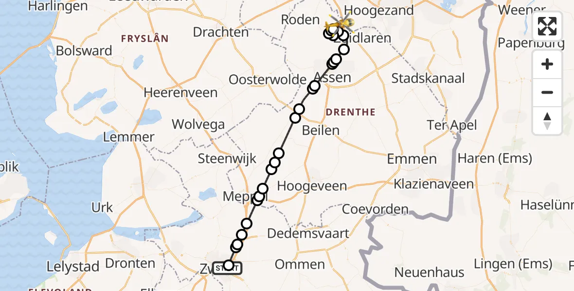 Vluchtroute Traumahelikopter van Isala Hospital Zwolle Heliport naar Groningen Airport Eelde