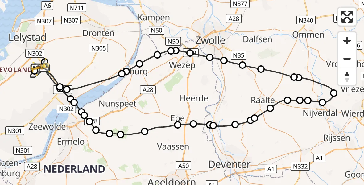 Vluchtroute Traumahelikopter van Lelystad Airport naar Lelystad Airport