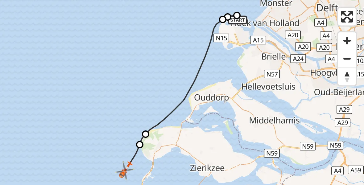 Vluchtroute Kustwachthelikopter van Maasvlakte Rotterdam naar Noordzee