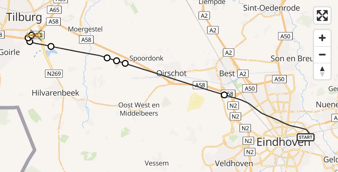 Vluchtroute Traumahelikopter van Eindhoven naar St. Elisabeth Hospital Heliport