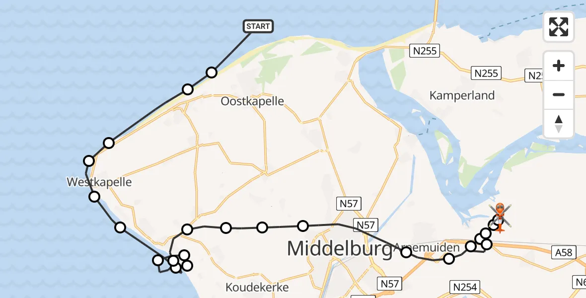 Vluchtroute Kustwachthelikopter van Noordzee naar Vliegveld Midden-Zeeland