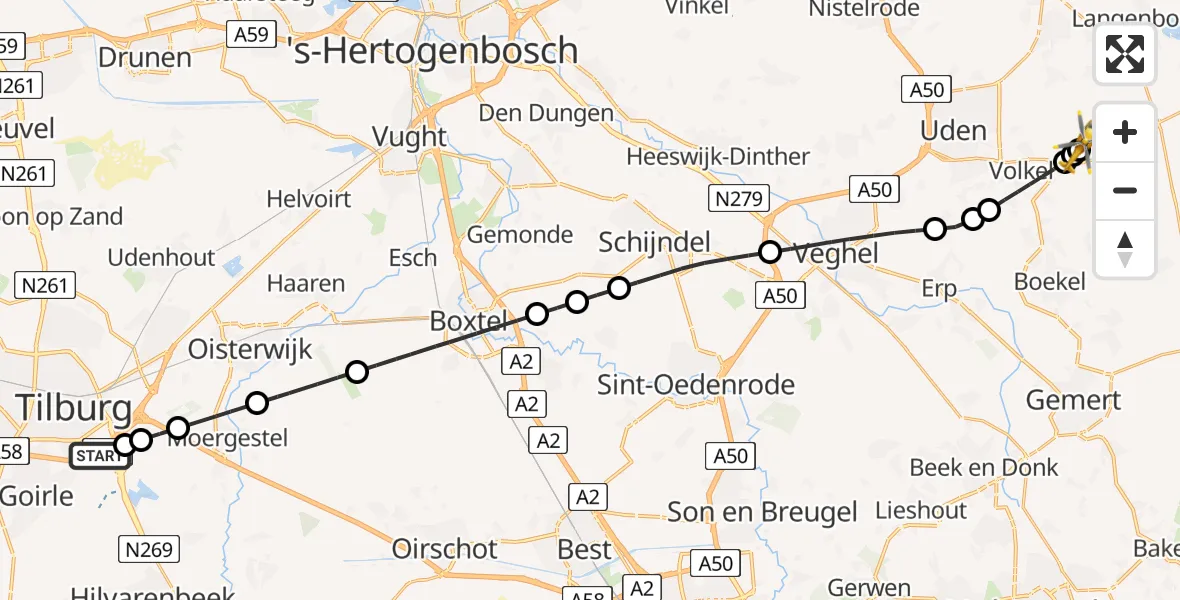 Vluchtroute Traumahelikopter van St. Elisabeth Hospital Heliport naar Vliegbasis Volkel