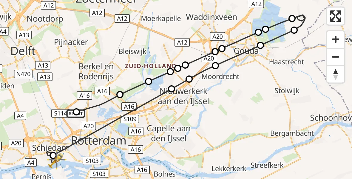 Vluchtroute Traumahelikopter van Rotterdam The Hague Airport naar Schiedam