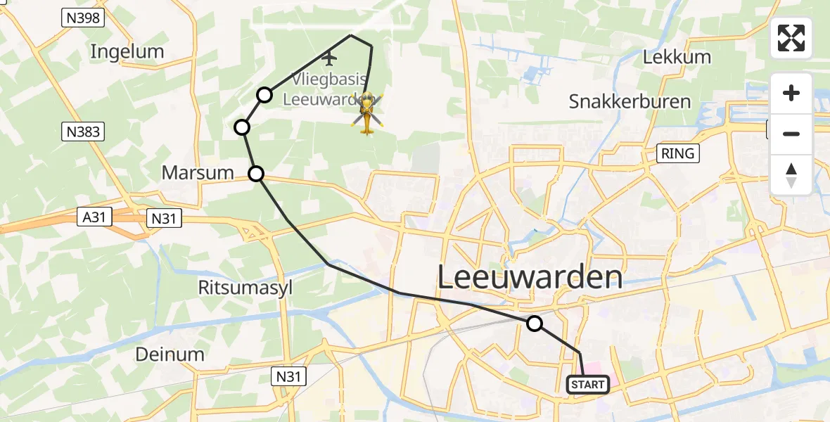 Vluchtroute Ambulancehelikopter van Leeuwarden Medical Center Heliport naar Vliegbasis Leeuwarden