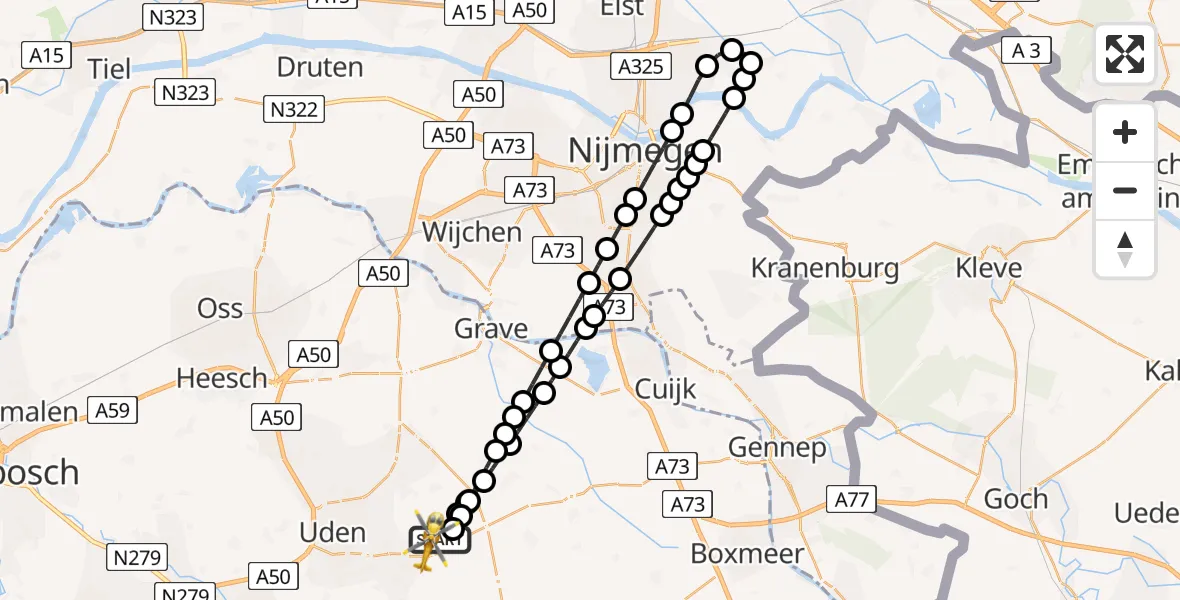 Vluchtroute Traumahelikopter van Vliegbasis Volkel naar Vliegbasis Volkel