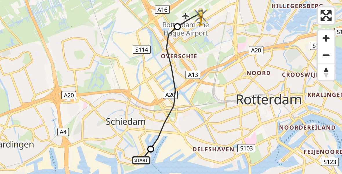 Vluchtroute Traumahelikopter van Schiedam naar Rotterdam The Hague Airport