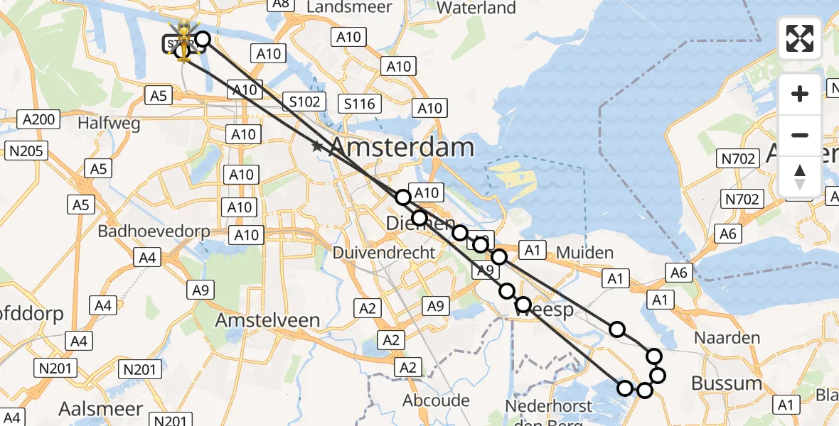 Vluchtroute Traumahelikopter van Amsterdam Heliport naar Amsterdam Heliport