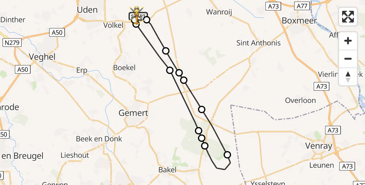 Vluchtroute Traumahelikopter van Vliegbasis Volkel naar Vliegbasis Volkel