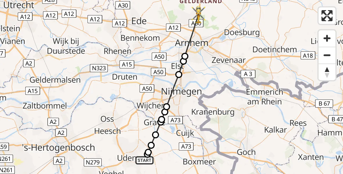 Vluchtroute Traumahelikopter van Vliegbasis Volkel naar Arnhem
