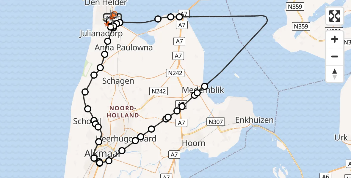 Vluchtroute Kustwachthelikopter van Militair vliegveld De Kooy / Den Helder Airport naar Militair vliegveld De Kooy / Den Helder Airport