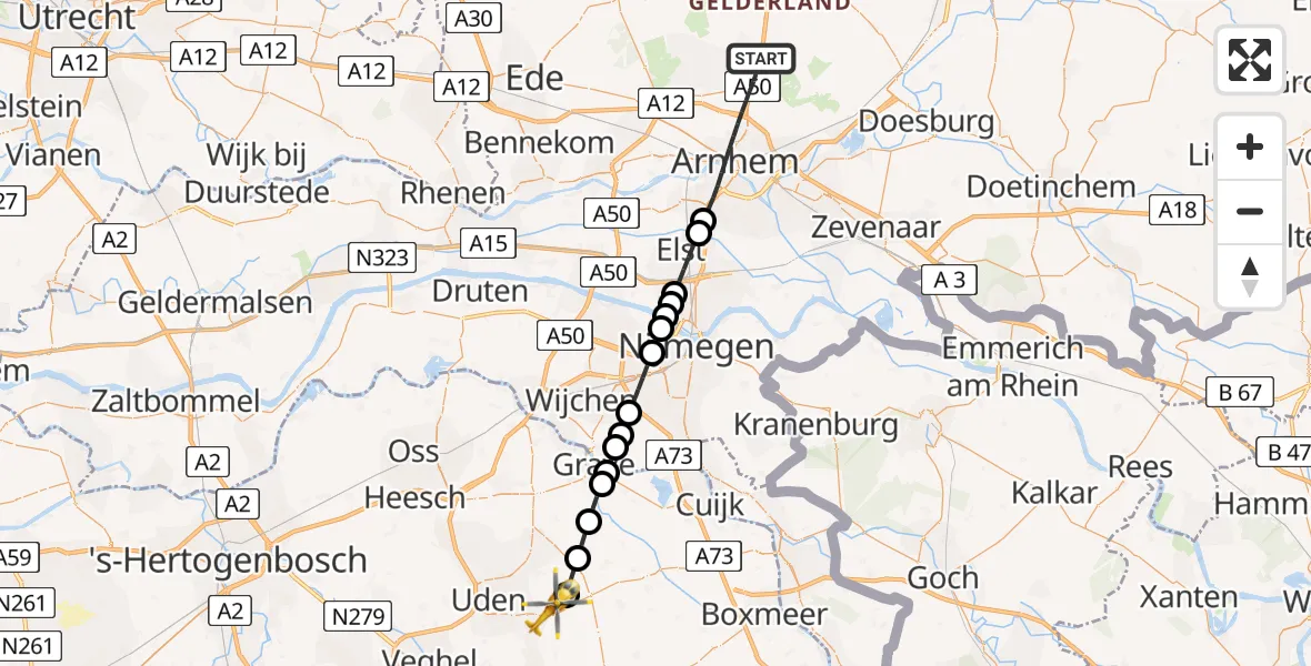 Vluchtroute Traumahelikopter van Arnhem naar Vliegbasis Volkel