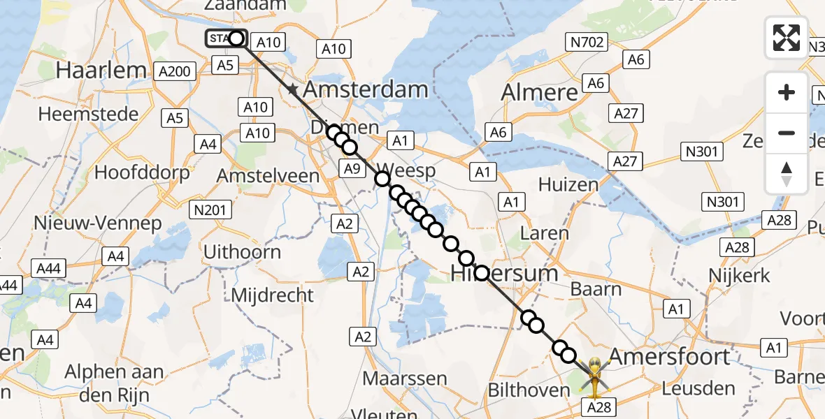 Vluchtroute Traumahelikopter van Amsterdam Heliport naar Soest