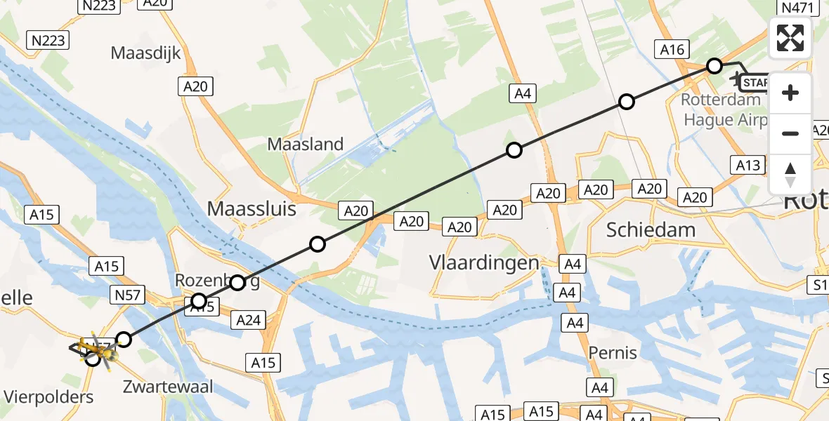 Vluchtroute Traumahelikopter van Rotterdam The Hague Airport naar Vierpolders
