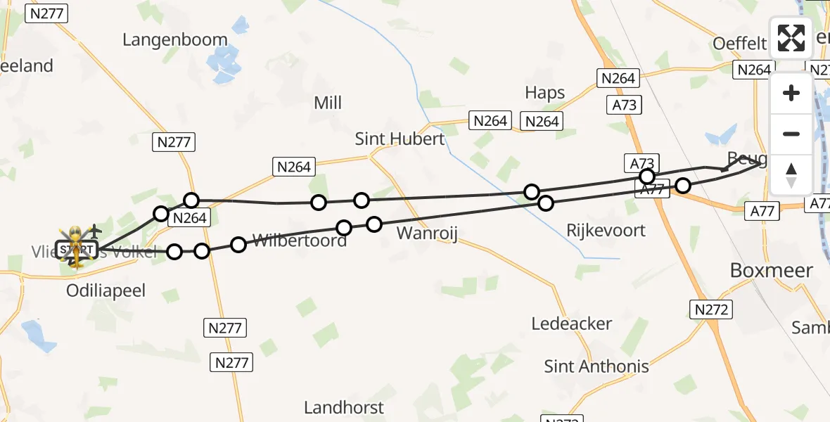 Vluchtroute Traumahelikopter van Vliegbasis Volkel naar Vliegbasis Volkel