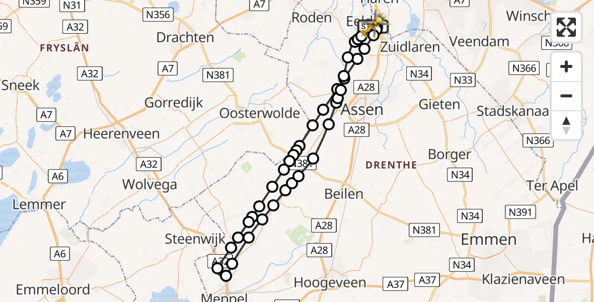 Vluchtroute Traumahelikopter van Groningen Airport Eelde naar Groningen Airport Eelde