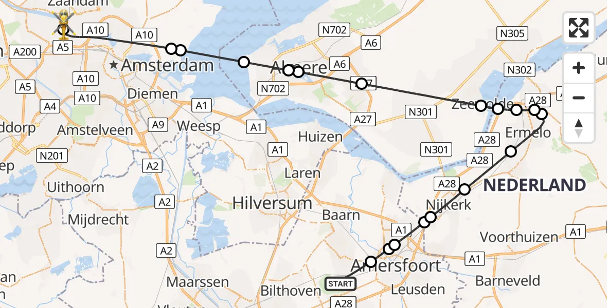 Vluchtroute Traumahelikopter van Soest naar Amsterdam Heliport