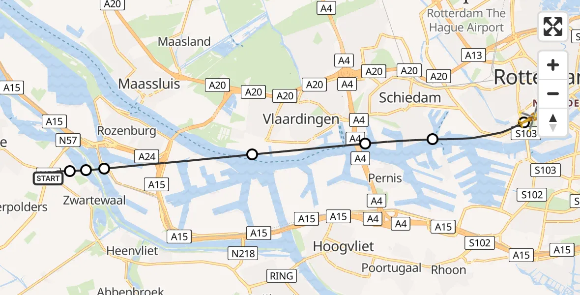 Vluchtroute Traumahelikopter van Vierpolders naar Erasmus MC