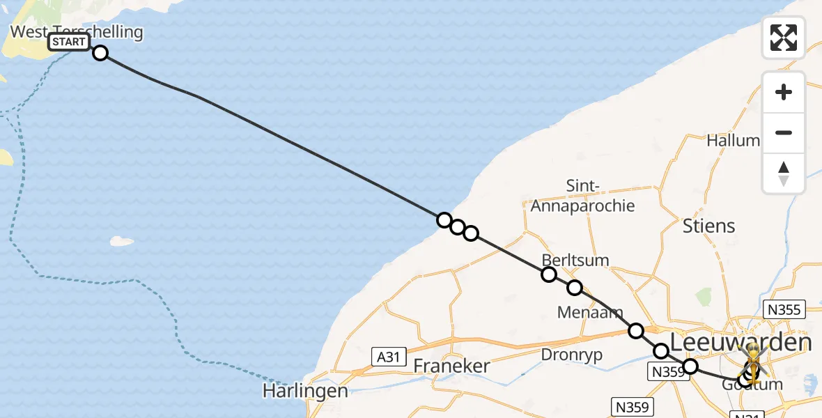 Vluchtroute Ambulancehelikopter van West-Terschelling naar Leeuwarden Medical Center Heliport