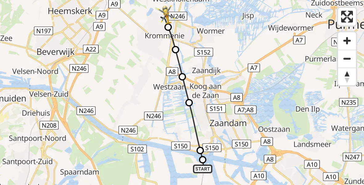 Vluchtroute Traumahelikopter van Amsterdam Heliport naar Krommenie