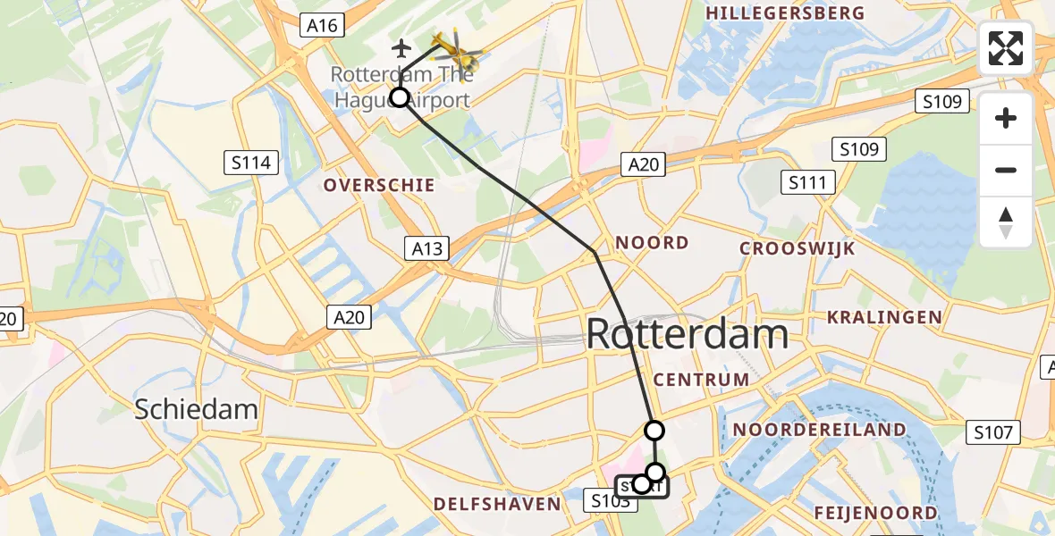Vluchtroute Traumahelikopter van Leids Universitair Medisch Centrum (LUMC) naar Rotterdam The Hague Airport