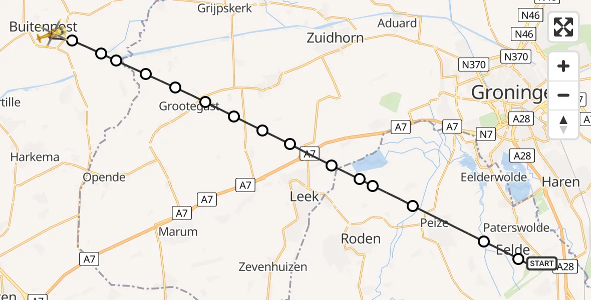 Vluchtroute Traumahelikopter van Groningen Airport Eelde naar Buitenpost
