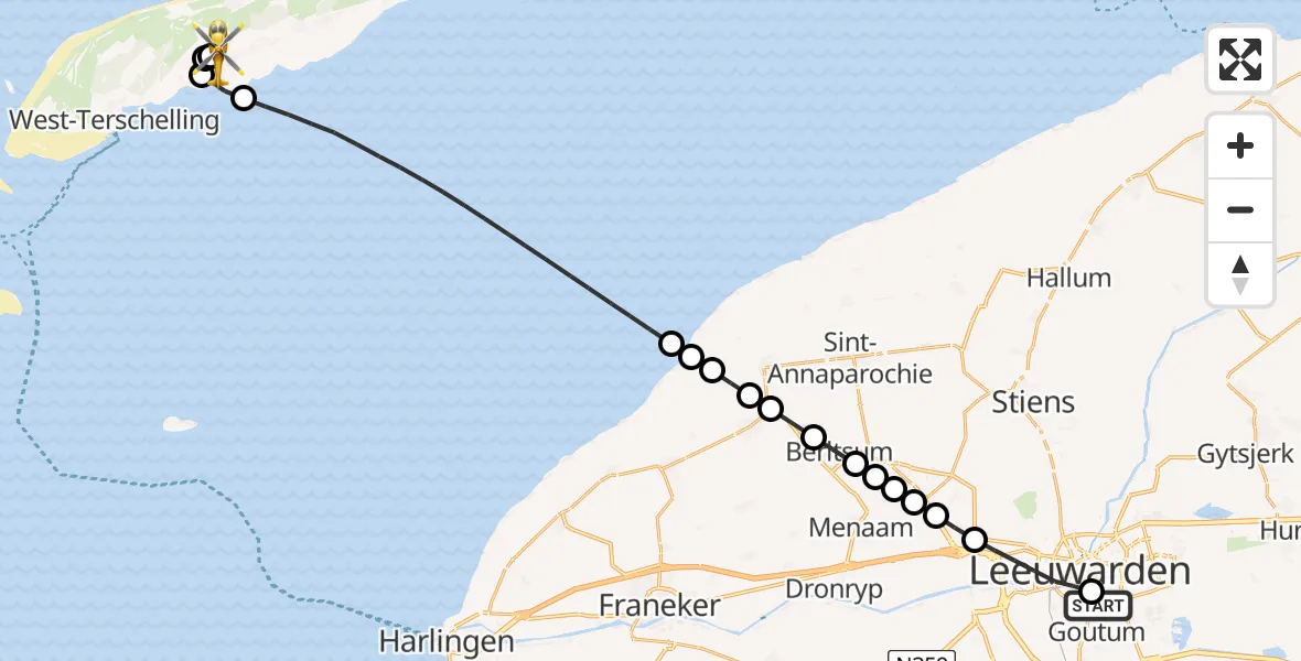 Vluchtroute Ambulancehelikopter van Leeuwarden Medical Center Heliport naar Terschelling Heliport