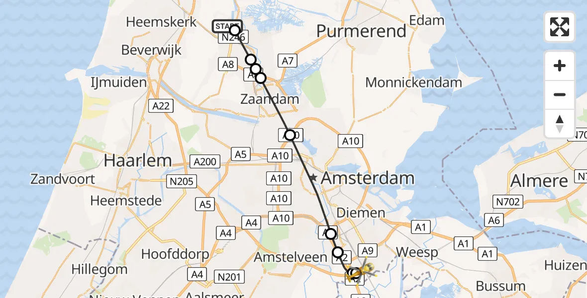 Vluchtroute Traumahelikopter van Krommenie naar Amsterdam UMC Helipad
