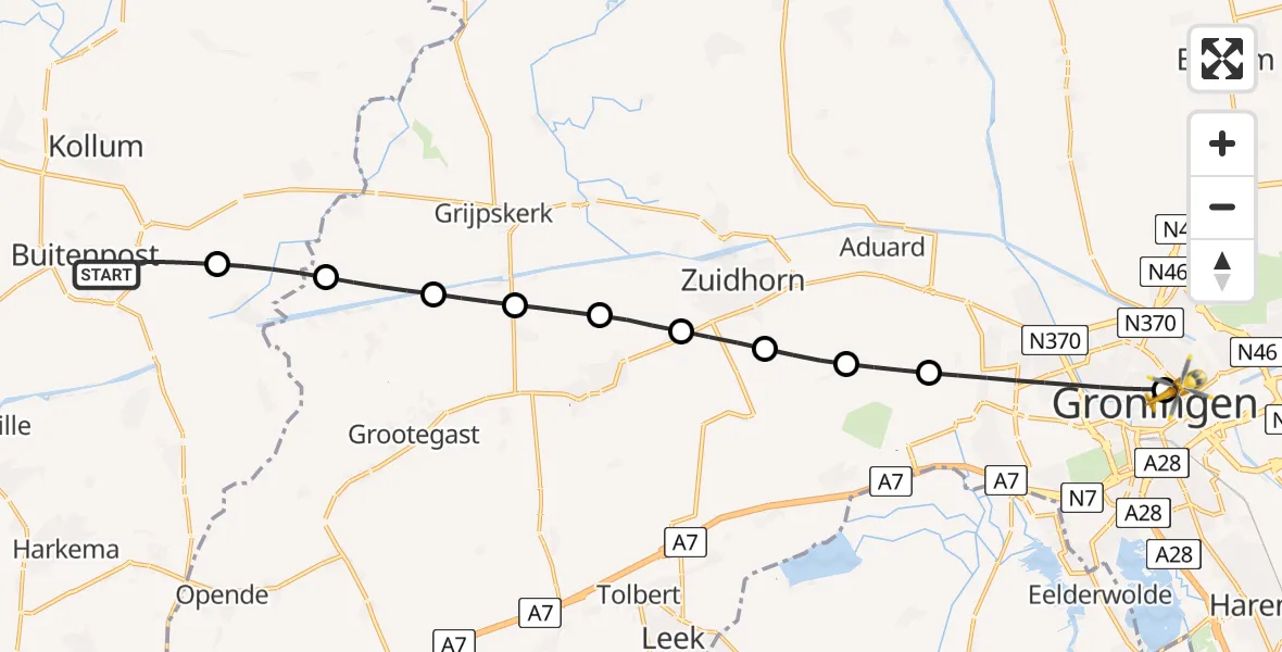 Vluchtroute Traumahelikopter van Buitenpost naar Universitair Medisch Centrum Groningen