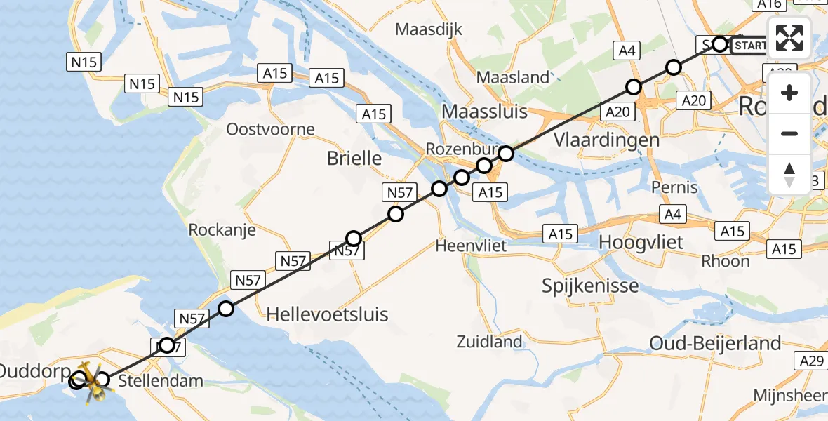 Vluchtroute Traumahelikopter van Rotterdam The Hague Airport naar Goedereede