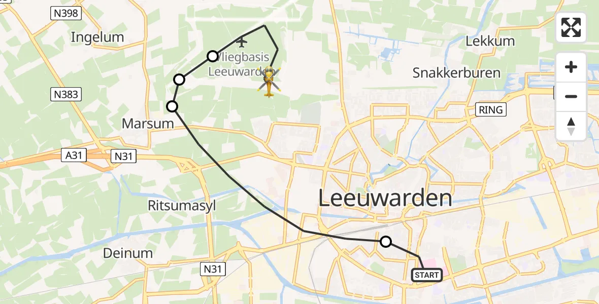 Vluchtroute Ambulancehelikopter van Leeuwarden Medical Center Heliport naar Vliegbasis Leeuwarden