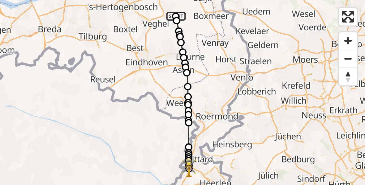 Vluchtroute Traumahelikopter van Vliegbasis Volkel naar Elsloo