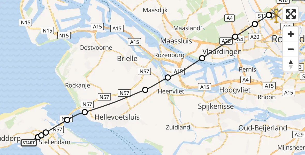 Vluchtroute Traumahelikopter van Goedereede naar Rotterdam The Hague Airport