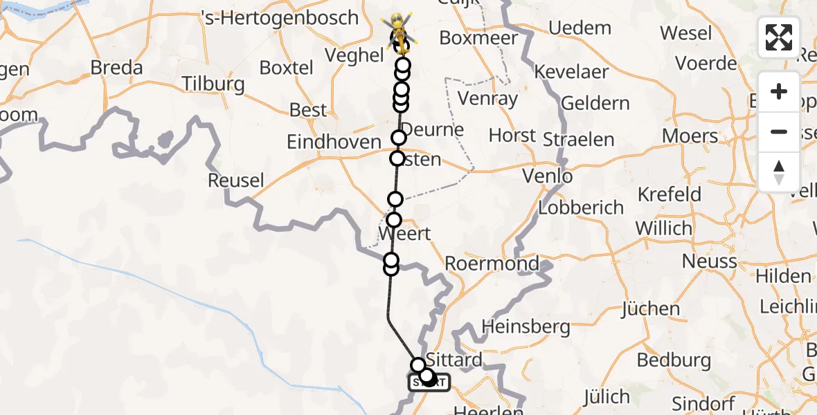 Vluchtroute Traumahelikopter van Elsloo naar Vliegbasis Volkel