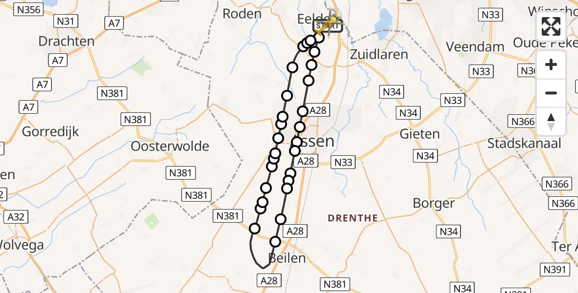 Vluchtroute Traumahelikopter van Groningen Airport Eelde naar Groningen Airport Eelde
