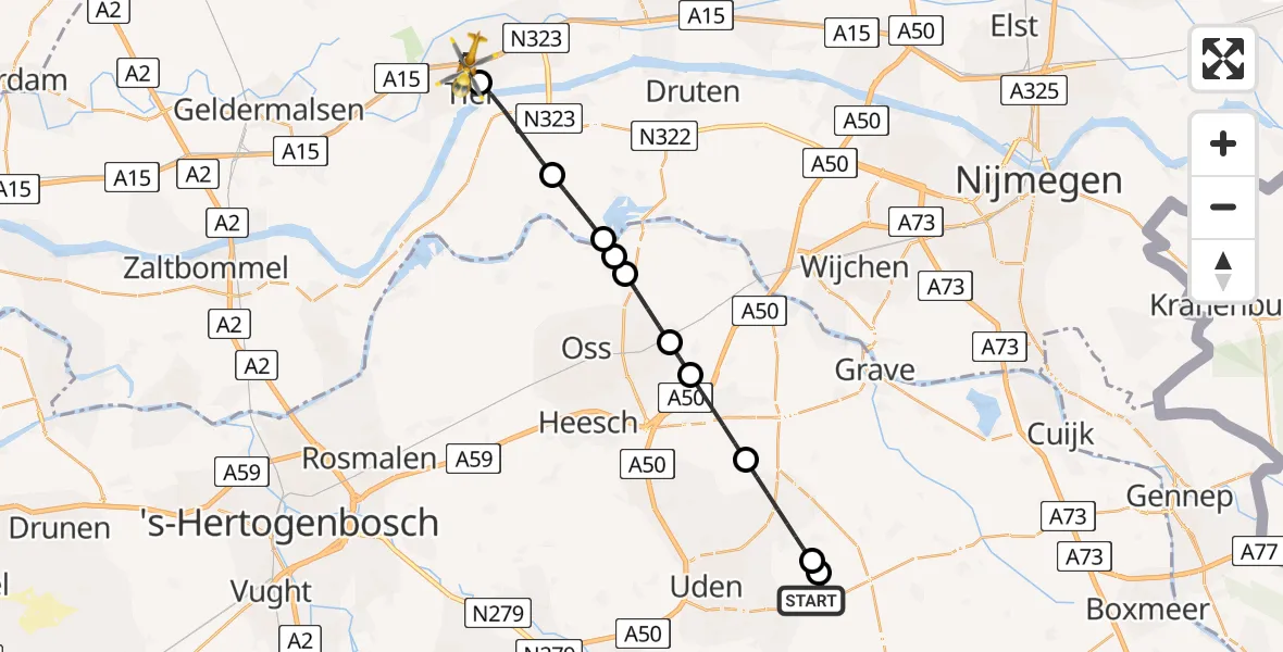 Vluchtroute Traumahelikopter van Vliegbasis Volkel naar Tiel