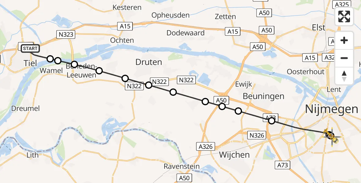 Vluchtroute Traumahelikopter van Tiel naar Radboud University Medical Center Heliport