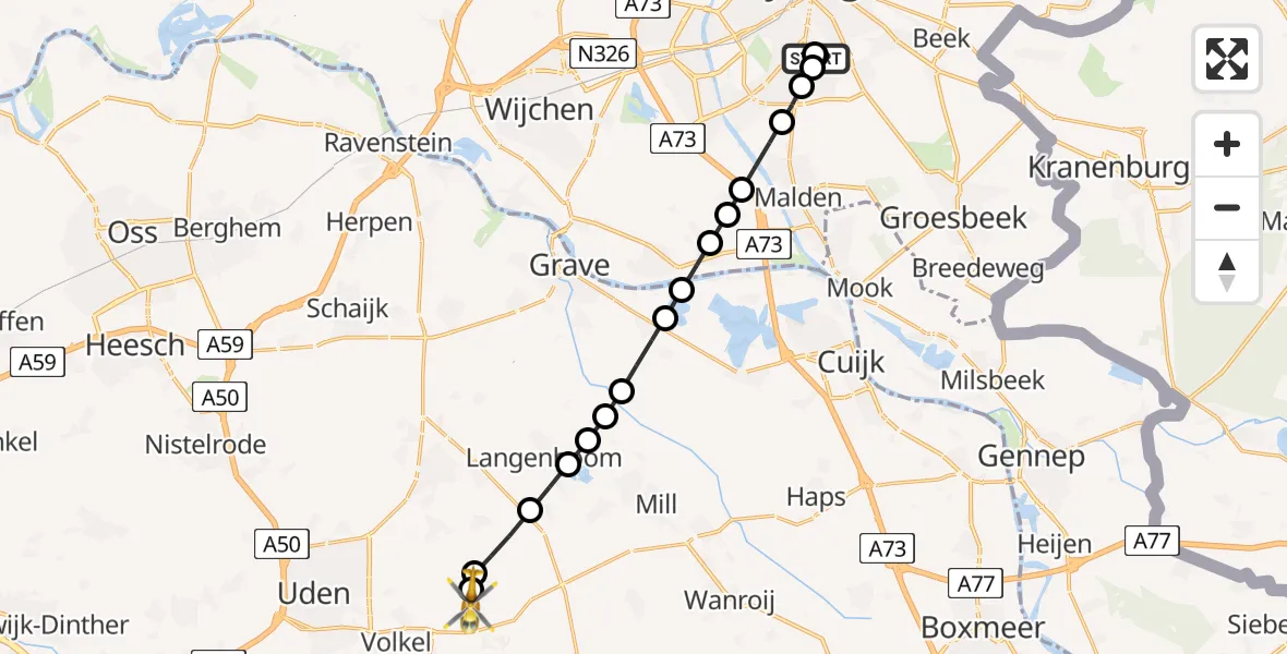 Vluchtroute Traumahelikopter van Radboud Universitair Medisch Centrum naar Vliegbasis Volkel