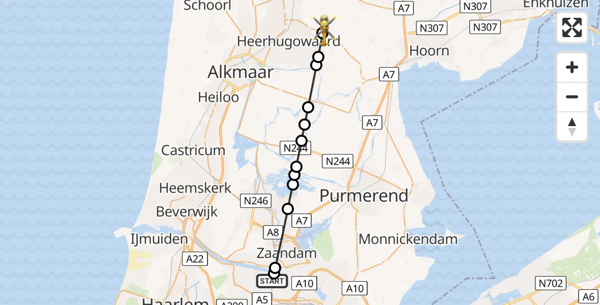 Vluchtroute Traumahelikopter van Amsterdam Heliport naar Obdam