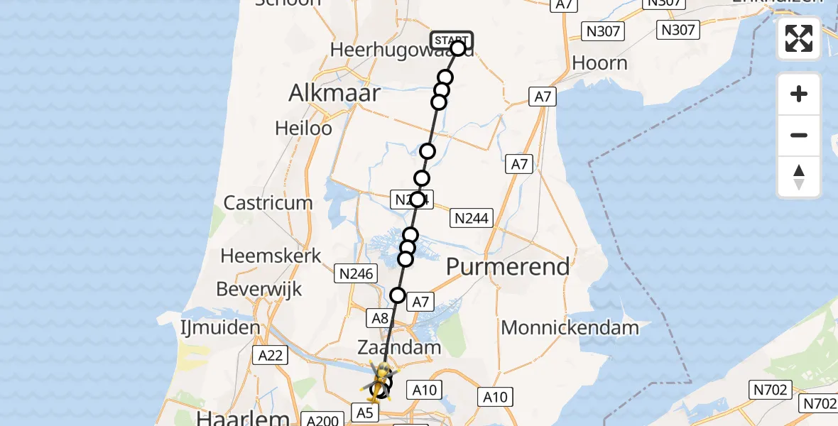 Vluchtroute Traumahelikopter van Obdam naar Amsterdam Heliport