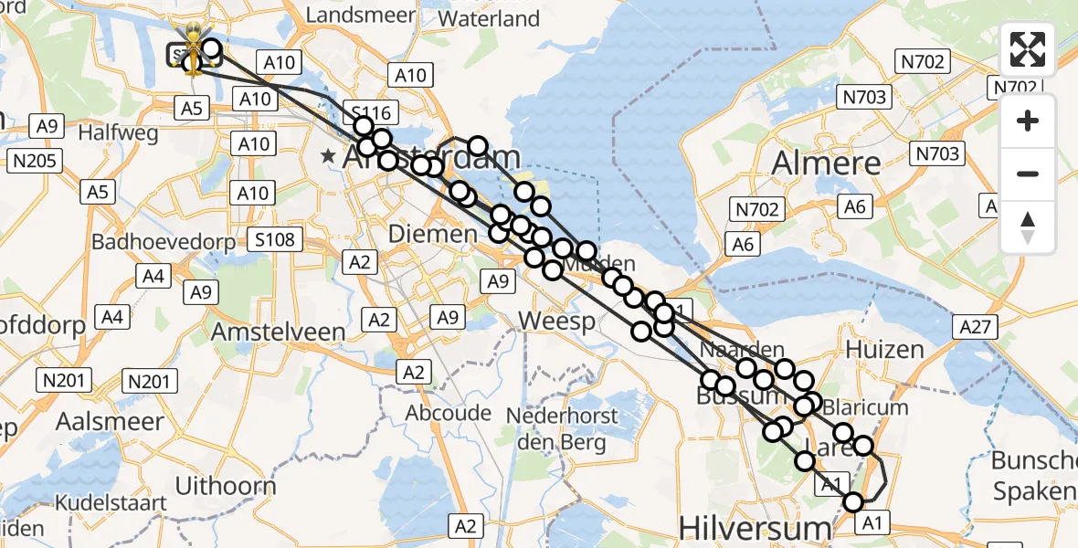 Vluchtroute Traumahelikopter van Amsterdam Heliport naar Amsterdam Heliport