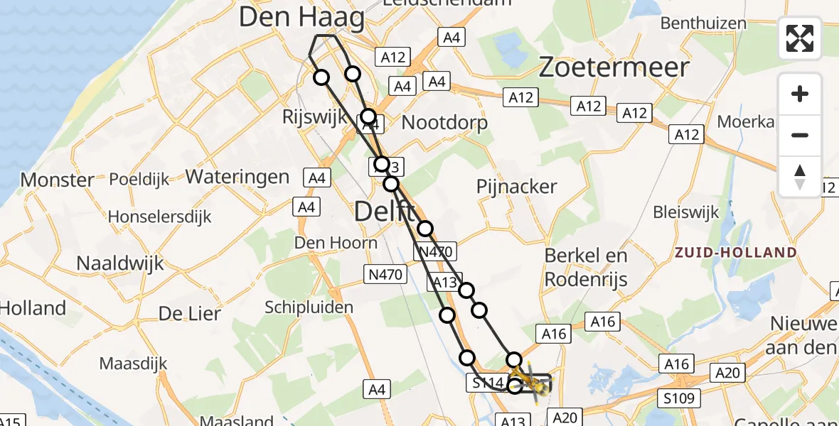 Vluchtroute Traumahelikopter van Rotterdam The Hague Airport naar Rotterdam The Hague Airport