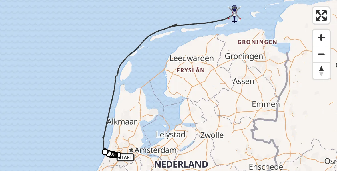 Vluchtroute Politiehelikopter van Amsterdam Vliegveld Schiphol naar Noordzee