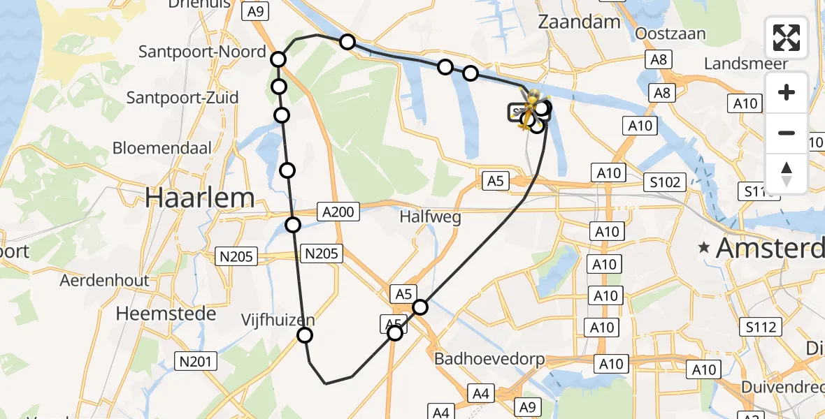 Vluchtroute Traumahelikopter van Amsterdam Heliport naar Amsterdam Heliport
