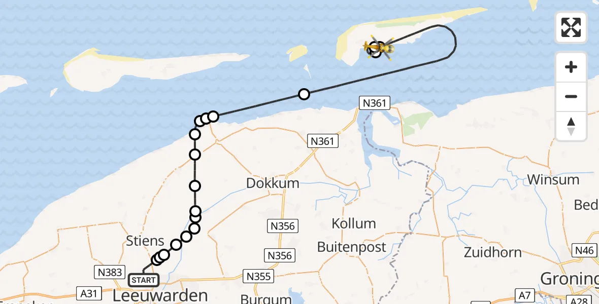 Vluchtroute Ambulancehelikopter van Vliegbasis Leeuwarden naar Schiermonnikoog Heliport