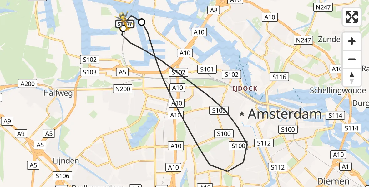 Vluchtroute Traumahelikopter van Amsterdam Heliport naar Amsterdam Heliport