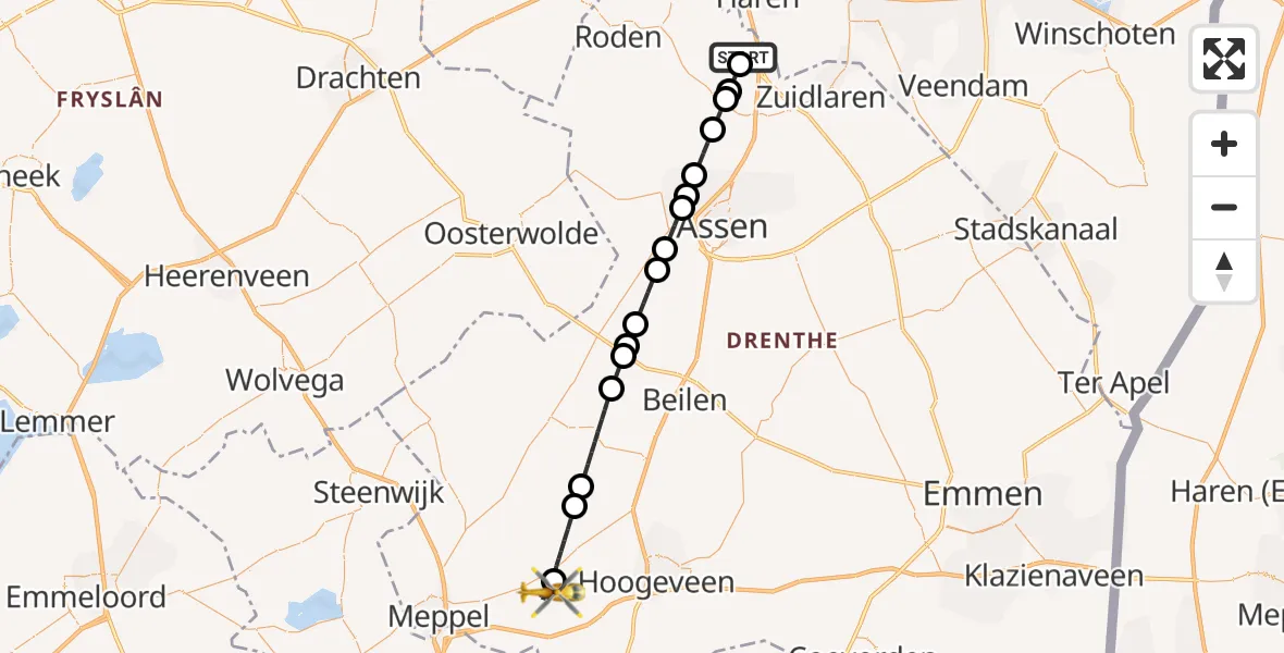 Vluchtroute Traumahelikopter van Groningen Airport Eelde naar Koekange