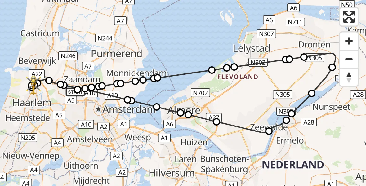 Vluchtroute Traumahelikopter van Amsterdam Heliport naar Santpoort-Noord