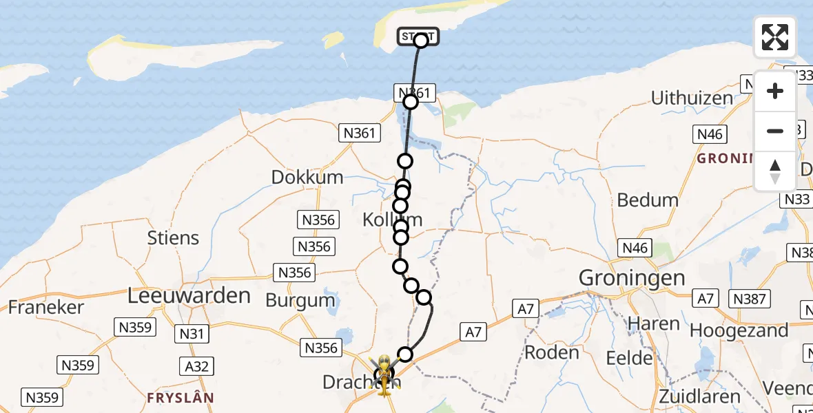 Vluchtroute Ambulancehelikopter van Schiermonnikoog Heliport naar Drachten
