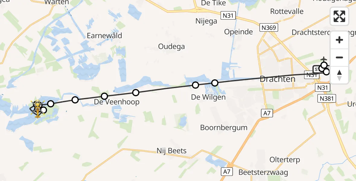Vluchtroute Ambulancehelikopter van Vliegveld Drachten naar Goëngahuizen